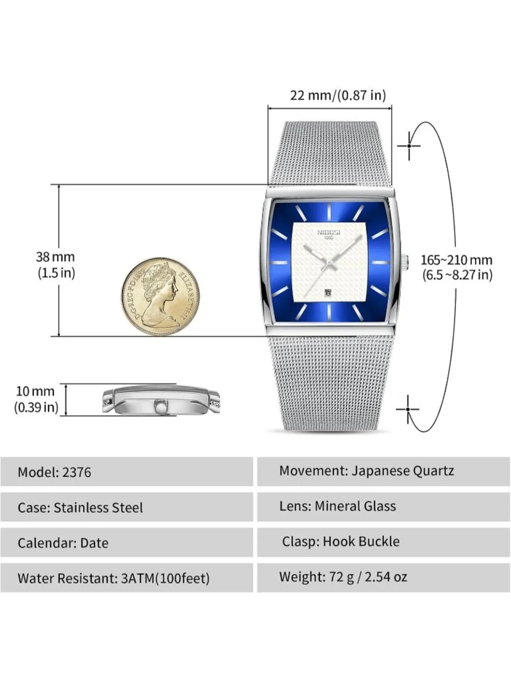 Nibosi Men's Silver Blue Square Analog Quartz Stainless Mesh Waterproof Watch